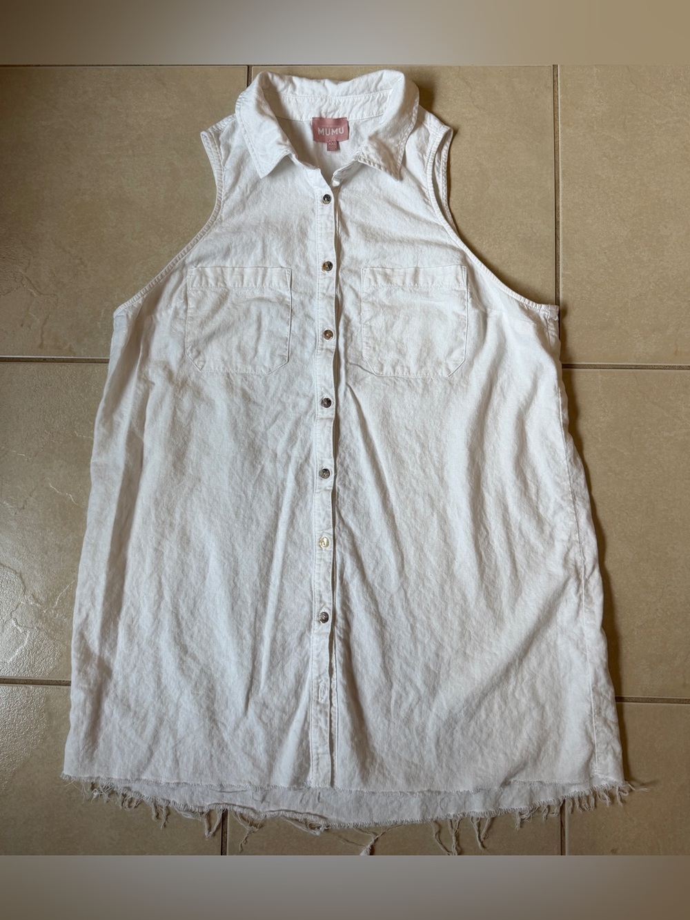 Show Me Your Mumu Off White Linen Dress Seashell Buttons Raw Hem XXL